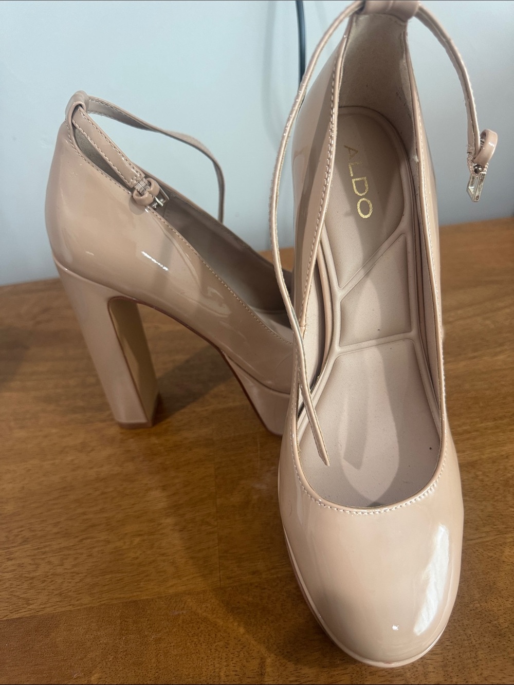 Aldo Blush Patent Platform Pumps with Ankle Strap